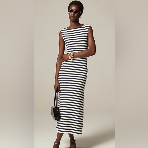 J. Crew Dresses & Skirts - J.CREW Ribbed Midi Dress Large Navy White Stripe Boatneck Casual Preppy Nautical